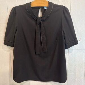 CeCe Black Tie-Neck Women’s Top with Faux Leather Trim Keyhole Back